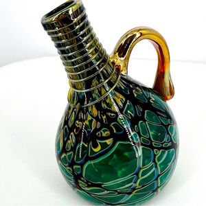 Vintage Murano Style Art Glass Pitcher Signed BWN Emerald Green Iridescent